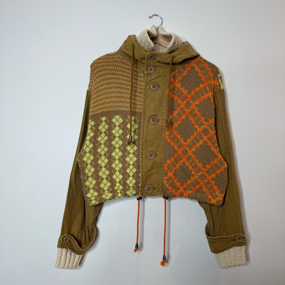 Free People Reno Multi Media Hooded Jacket Boho Patchwork xs stand funnel neck - Picture 4 of 11